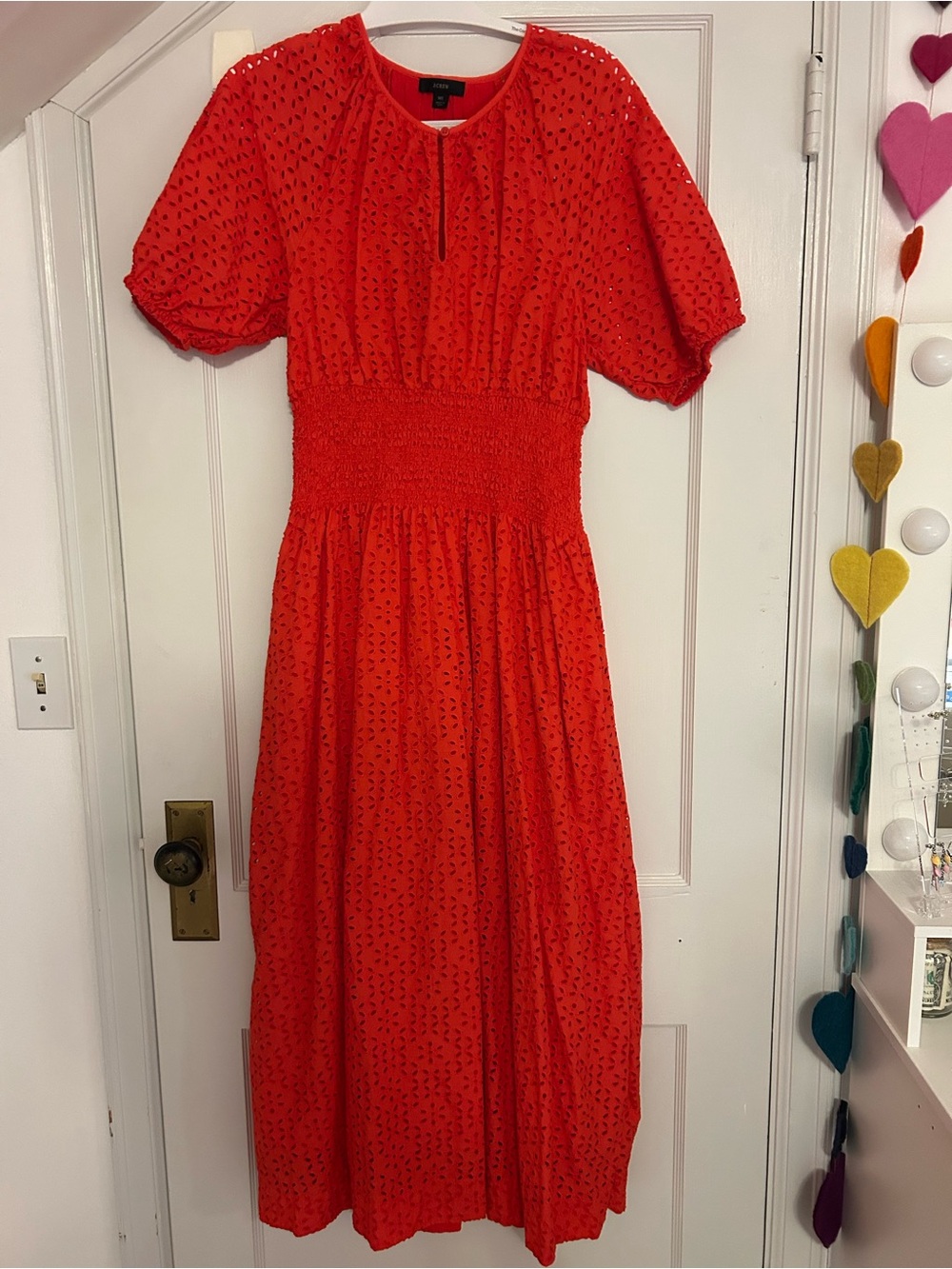 J. Crew Bright Red Eyelet Maxi Dress with Smocked Waist